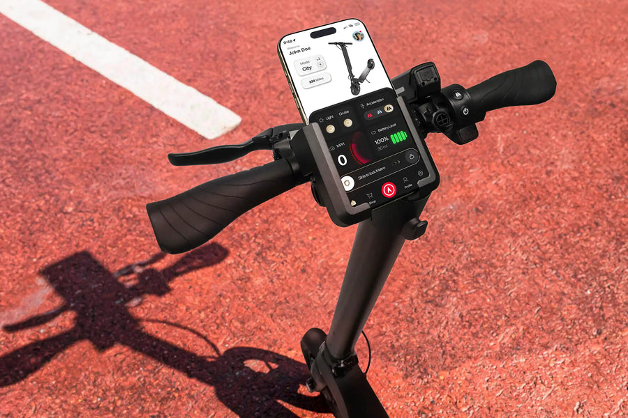 Phone mounted on metro america electric scooter displaying app